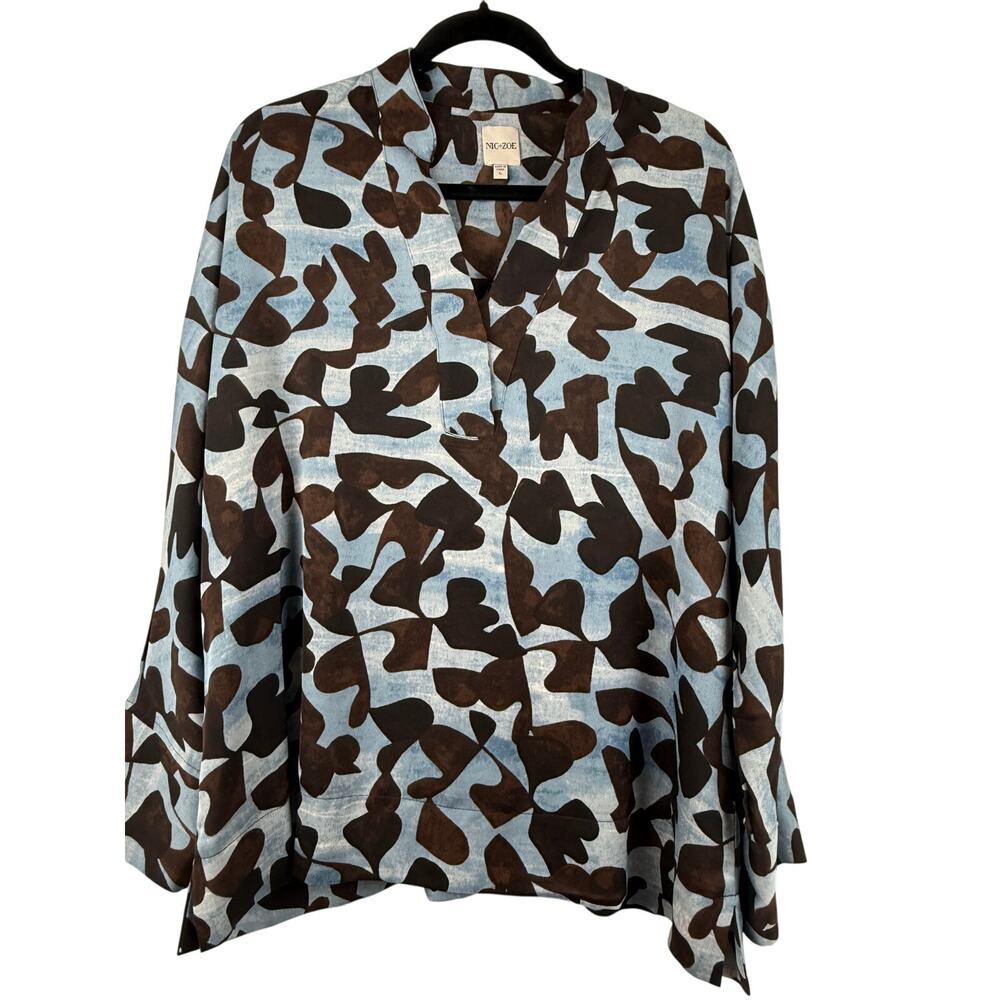NIC+ZOE Blue Brown Abstract Print Blouse V Neck Long Sleeve Top Size L